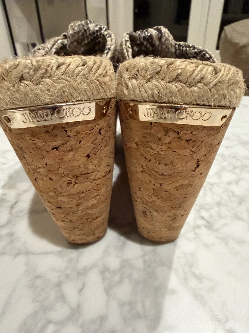 Jimmy Choo Knotted Natural Snake Print Leather Platform Wedge Sandal   37.5